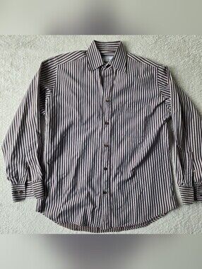 Brioni Italy Men's Bengal Stripe Dress Shirt - Brown/White Luxury Horn Buttons M